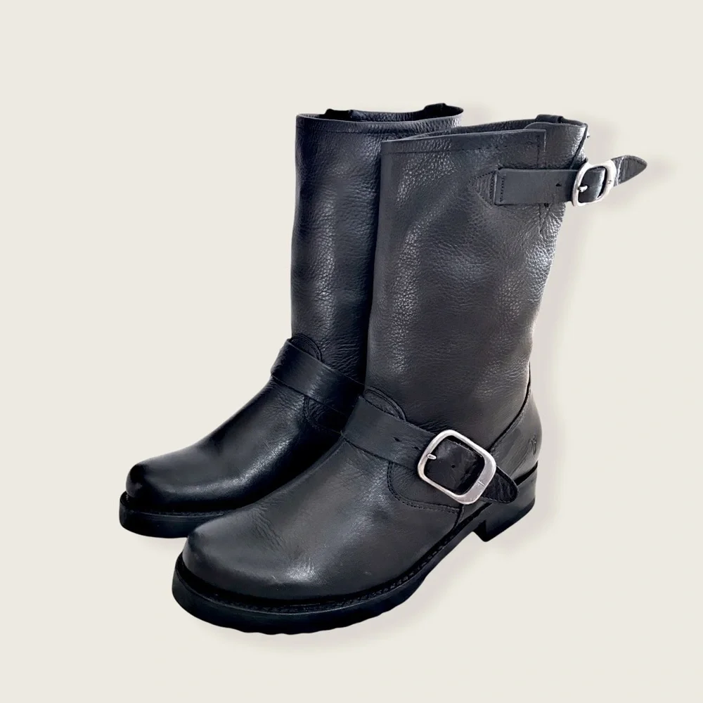 Frye Veronica Short Belted Black Leather Popular Moto Vintage Combat Ankle Boot - Picture 13 of 16